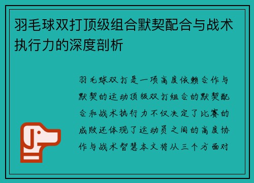 羽毛球双打顶级组合默契配合与战术执行力的深度剖析