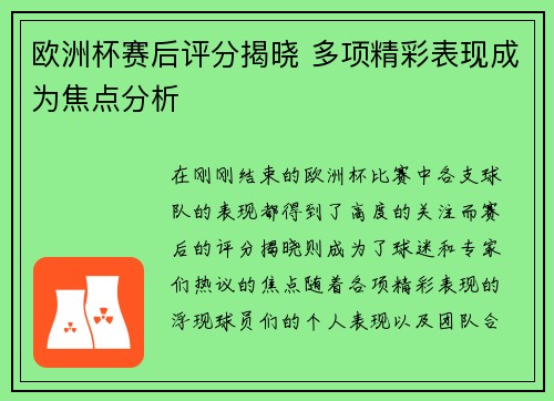 欧洲杯赛后评分揭晓 多项精彩表现成为焦点分析
