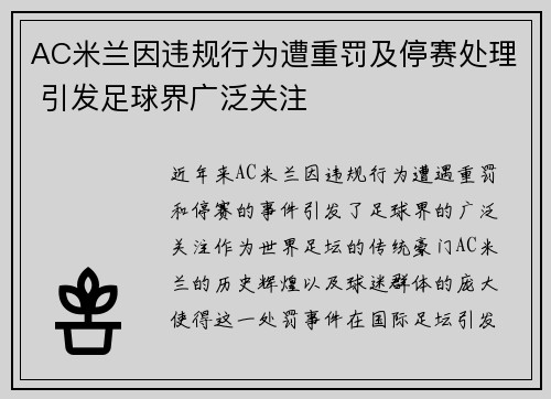 AC米兰因违规行为遭重罚及停赛处理 引发足球界广泛关注 AC米兰因违规行为遭重罚及停赛处理 引发足球界广泛关注
